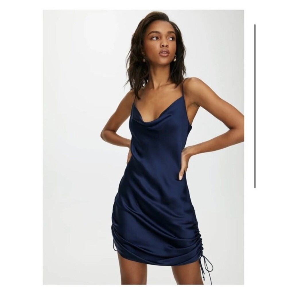 Artizia Wilfred Only Ruched Slip Dress XS Navy Blue Cupro Cowl Neckline Satin